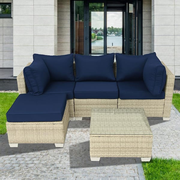 Zeus & Ruta 5-Piece Gray White Wicker Outdoor Sectional Set with Navy Blue Cushions and Glass Coffee Table for Patio Backyard