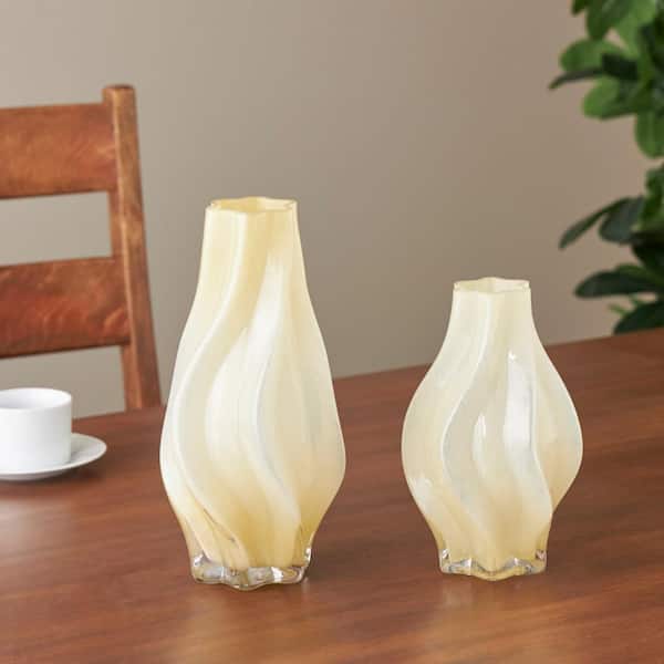 Litton Lane Yellow Wavy Ombre Glass Decorative Vase Set of 2