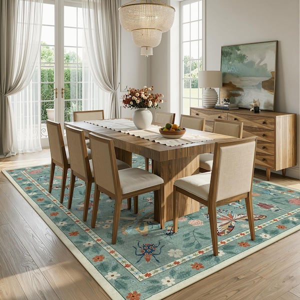 Washable Modern Insect Pattern Non Slip Bean Green 8 ft. x 10 ft. Living Room/Bedroom Indoor Area Rug