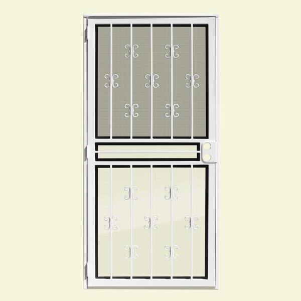Unique Home Designs 36 in. x 80 in. Moorish Lace White Recessed Mount All Season Security Door with Insect Screen and Glass Inserts