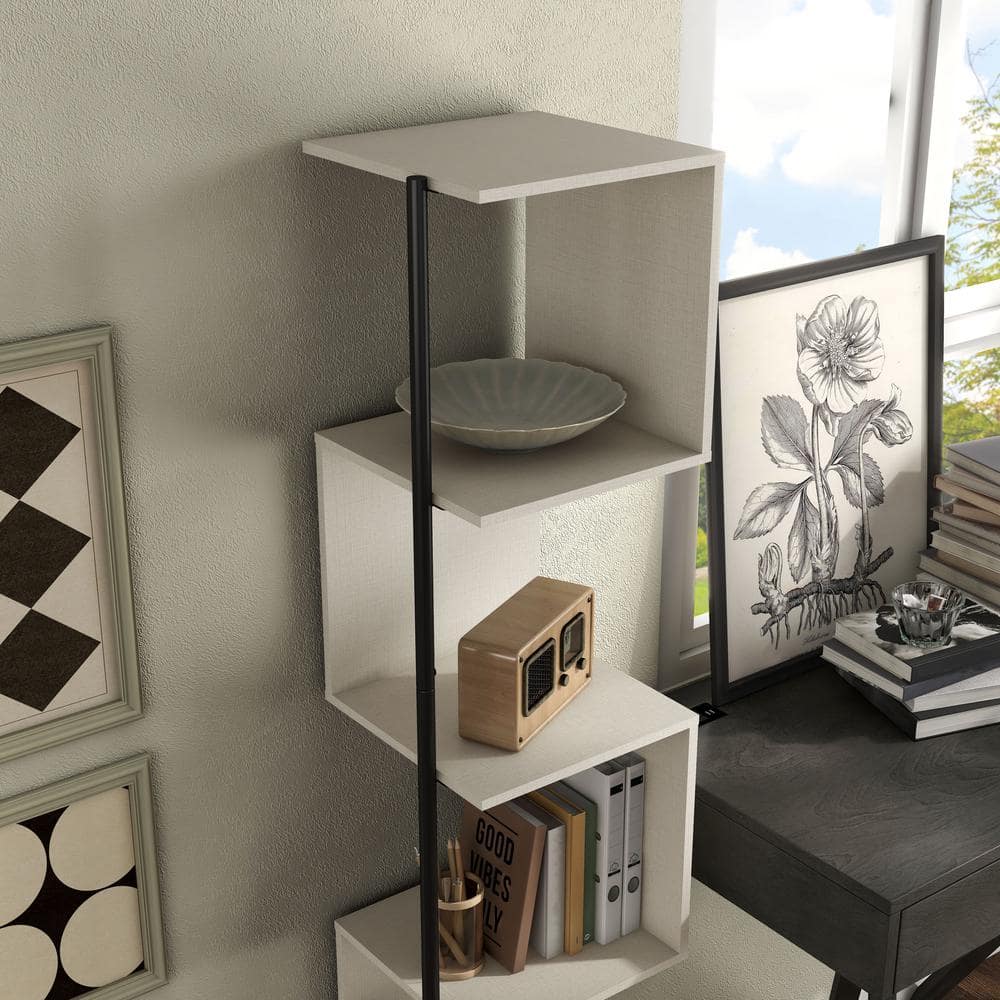 Cream Weave 5-Shelf Corner Bookcase with Black Metal Support