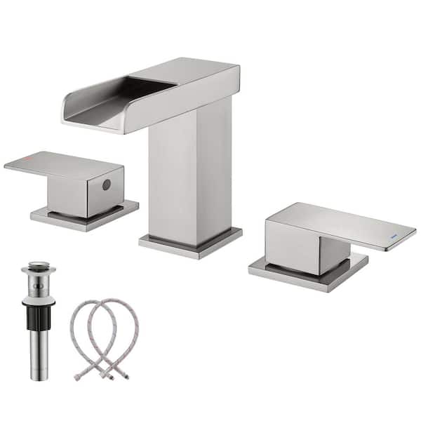 GAGALIFE 8 in. Widespread Double-Handle Waterfall Spout Bathroom Vessel Sink Faucet with Pop Up Drain in Brushed Nickel