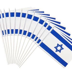 Israel Stick Flag Israeli 5 in. x 8 in. Handheld Mini Flag with 12 in. White Solid Pole Hand Held Spear Top (1-Dozen)