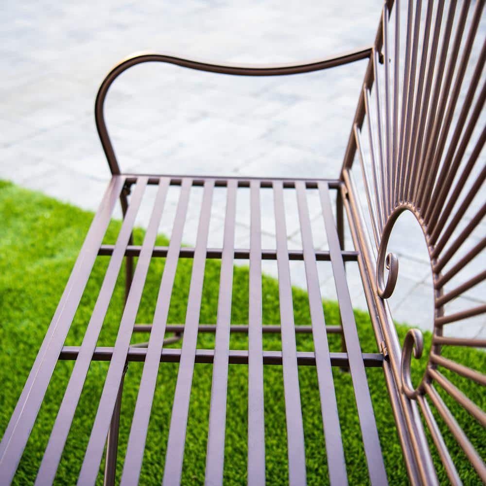 44-Inch Brown Iron Sun-Patterned Garden Bench