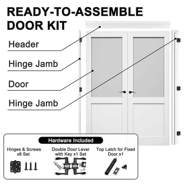 48 in. x 80 in. 1/2-Lite Frosted Glass Universal White Solid Core Wood Double Prehung French Door+ Quick Assemble Jamb