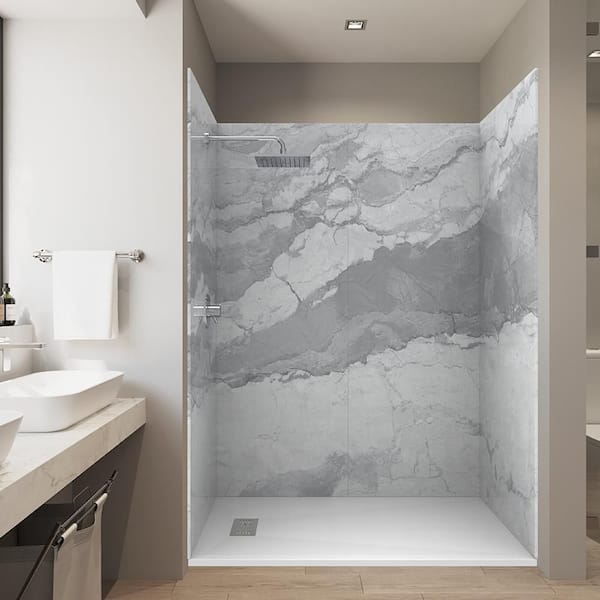 CASTICO Italian Ice 36 in. x 60 in. x 84 in. Solid Composite Stone Alcove Shower Kit with Walls and White Pan Base L/R Drain