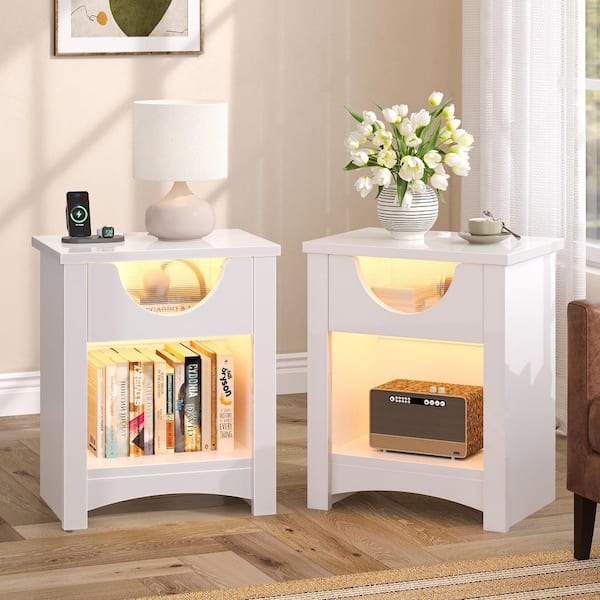 (Set of 2) Glossy White 23.62 in. H Nightstand with USB Ports, Storage Drawer and Light