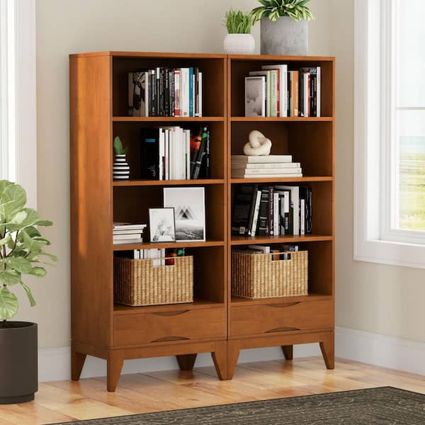 Harper 60 in. Tall Solid Wood 4 Shelf Bookcase in Teak Brown (Set of 2)