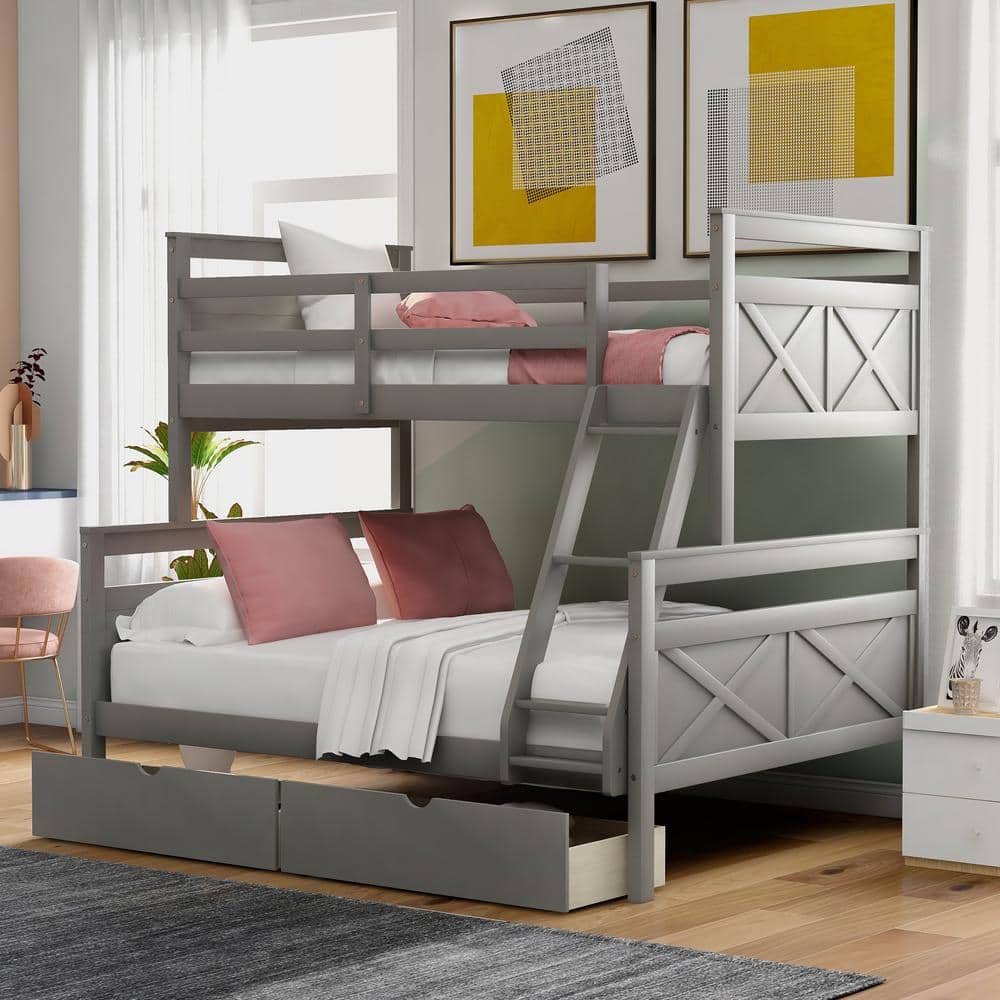 Gray Twin Over Full Pine Wood Bunk Bed with Storage Drawers