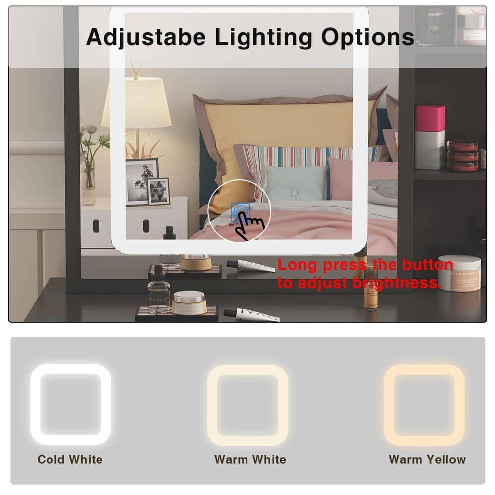 5-Drawers Black Wood LED Push-Pull Mirror Dresser with Stool and 3-Tier Storage Shelves 39.4 in. W - thumbnail 6