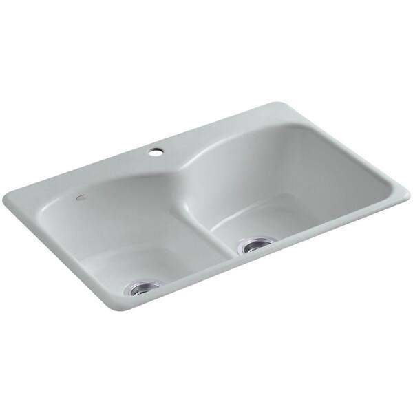 KOHLER Langlade Smart Divide Drop-In Cast-Iron 33 in. 1-Hole Double Bowl Kitchen Sink in Ice Grey