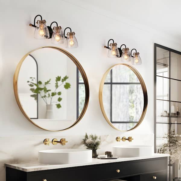 Modern 22.4 in. 3-Light Matte Black Vanity Light with Crackle Textured Glass Shades Brass Wall Light for Bathroom Vanity