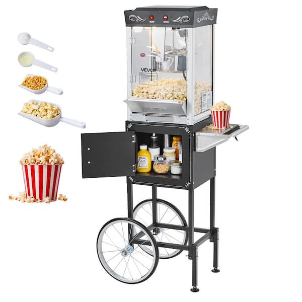 Popcorn Machine with Cart, 8 oz. Stainless Steel Kettle, 800W Commercial Popcorn Maker, Oil, Popcorn Machine, Black