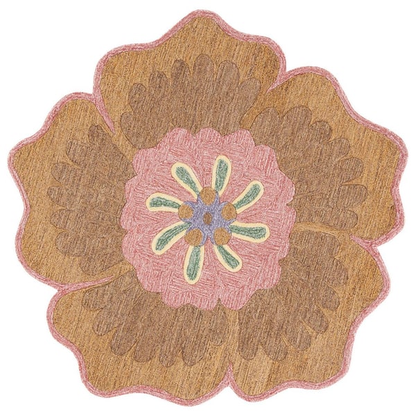 Novelty 5 ft. x 5 ft. Gold/Pink Floral Round Area Rug