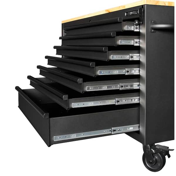 62 in. W 14-Drawer, Deep Tool Chest Mobile Workbench in Gloss Black with Solid Wood Top 62 in. W 14-Drawer, Deep Tool Chest Mobile Workbench in Gloss Black with Solid Wood Top