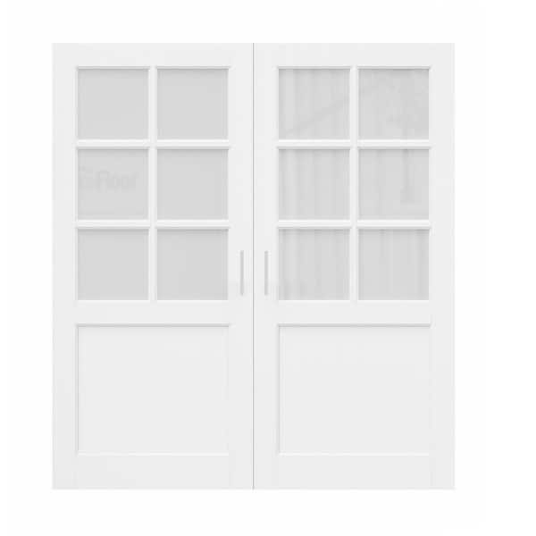 72 in. x 80 in. 6-Lite Frosted Glass Primed Solid Core French Door without Jamb Double Interior Door Slab+ Ball Catch