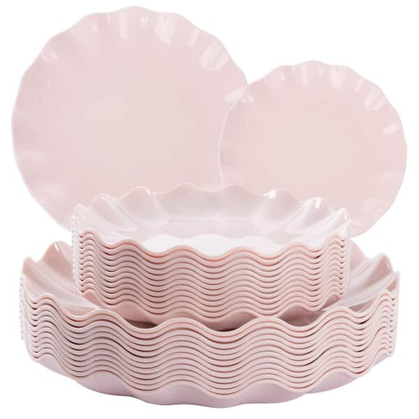 24 Pieces Pink Unbreakable Plastic Dinner Plates Reusable, Scalloped Plastic Plates, Dishwasher Safe, BPA Free