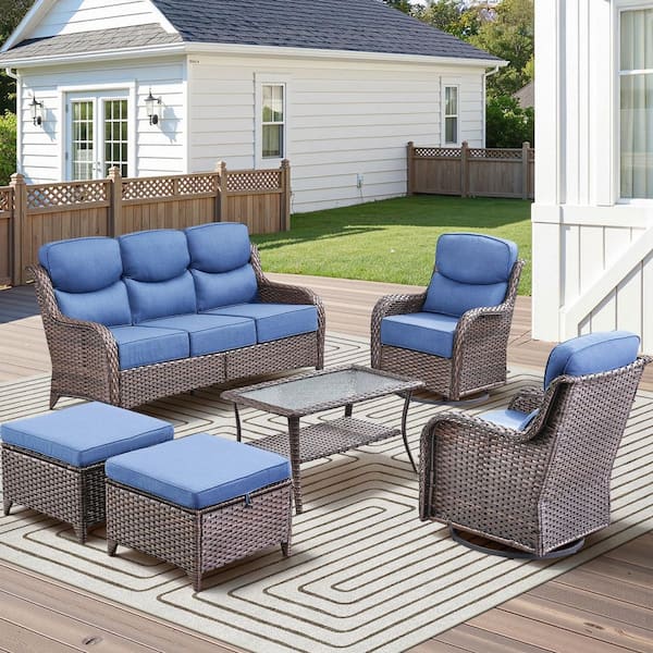Moonluxe 6-Piece Brown Swivel Glider Wicker Patio Conversation Set with Navy Blue Olefin 6 In. Thick Cushion/Ottomans