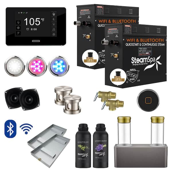 SteamSpa Black Series 15kW Steam Bath Generator with Wireless Bluetooth/Wifi Operation and Auto Drain in Brushed Nickel