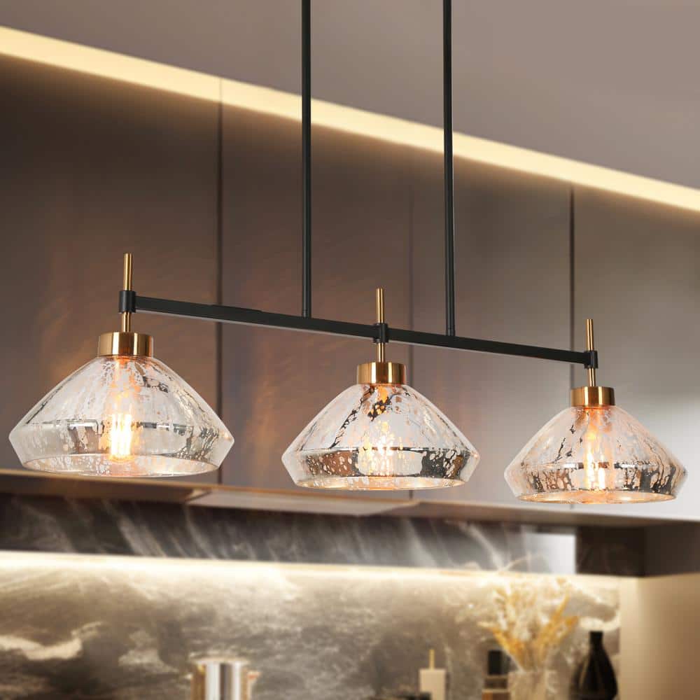 Anila Modern 37.5 in. 3-Light Black and Plated Brass Kitchen Island Chandelier with Textured Glass Shades Linear Pendant price history on PriceWatchPro
