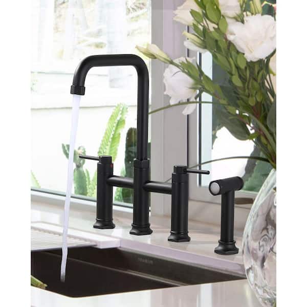 Brass Double Handle Bridge Kitchen Faucet with Side Sprayer in Matte Black