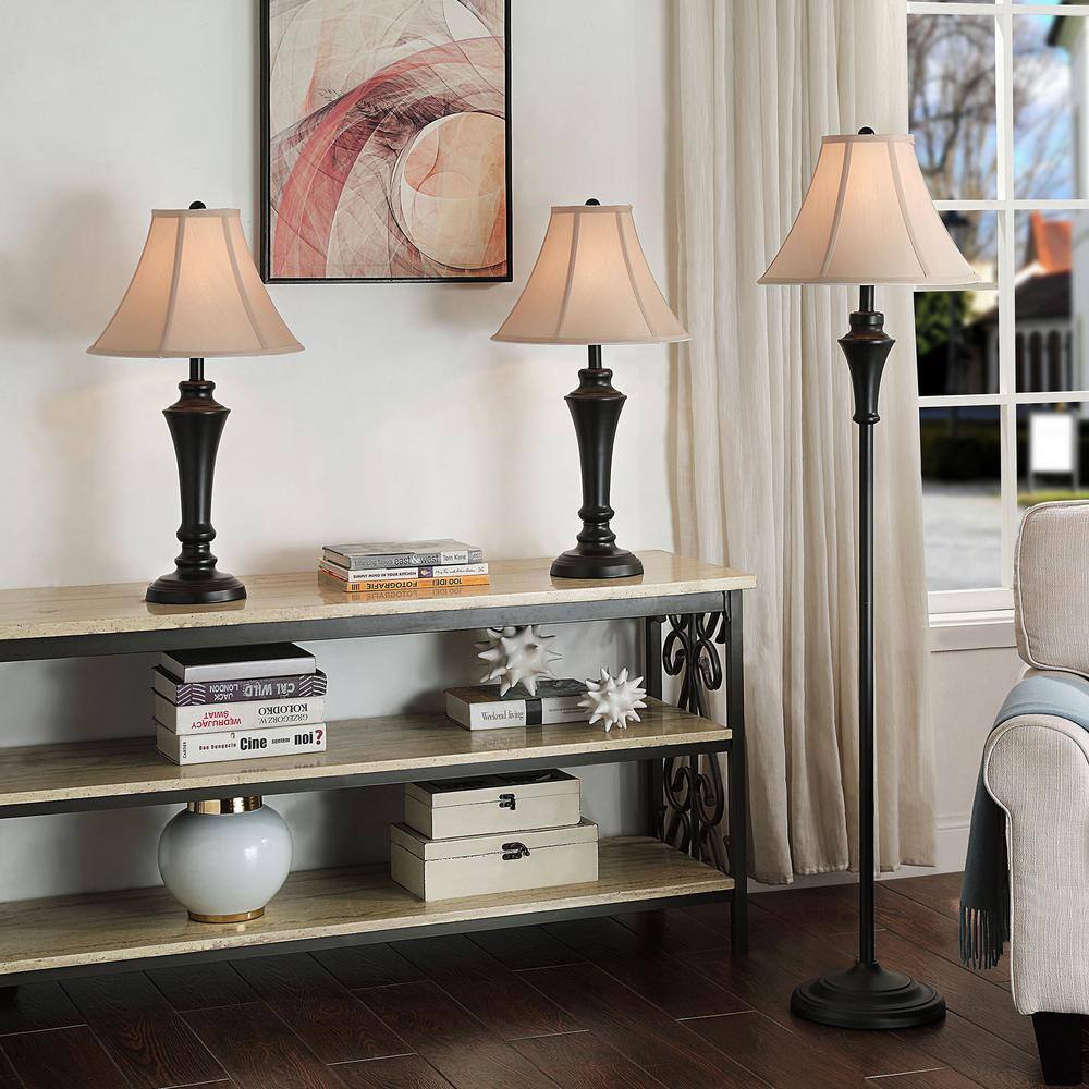 Bronze Wood Finish Taupe Fabric Shade Lamp Trio Set