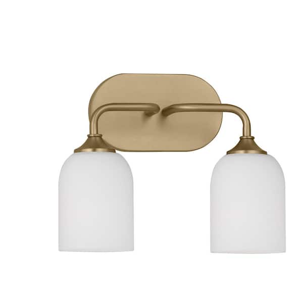 Emile Medium 13.25 in. 2-Light Satin Bronze Bathroom Vanity Light with Etched White Glass Shades