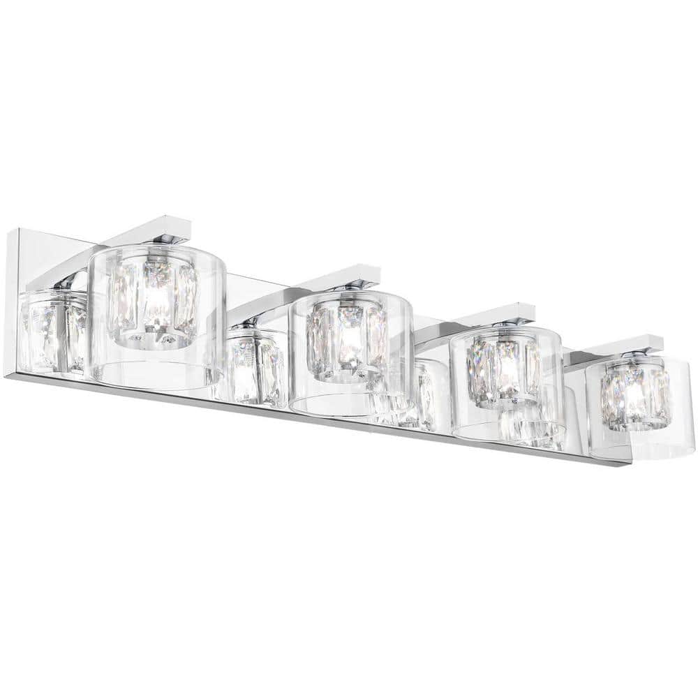 Delvon 29 in. W 4-Light Chrome Vanity Light with Double Layer Clear Glass a