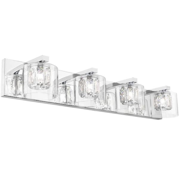 Unbranded Delvon 29 in. W 4-Light Chrome Vanity Light with Double Layer Clear Glass and Crystal Shades for Hallways/Bathroom