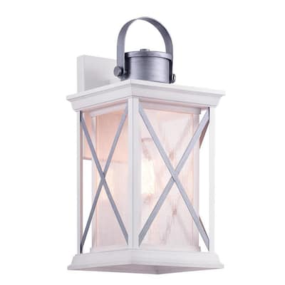 Pendleton 1-Light Satin White 16 in. Outdoor Wall Lantern Sconce with Antique Silver Accents