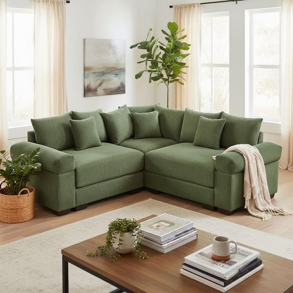 BWDRBR 79.1 in. Straight Arm 3-Piece Corduroy Modular Sectional Sofa with Ergonomic Design in Olive Green