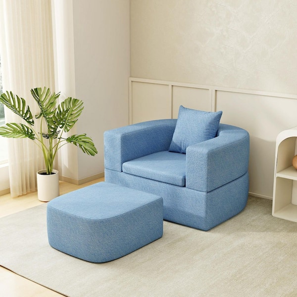 Foldable 41 in. Teddy Fabric Square Arm Chair Accent Chair With Soft Memory Foam Cushions Blue