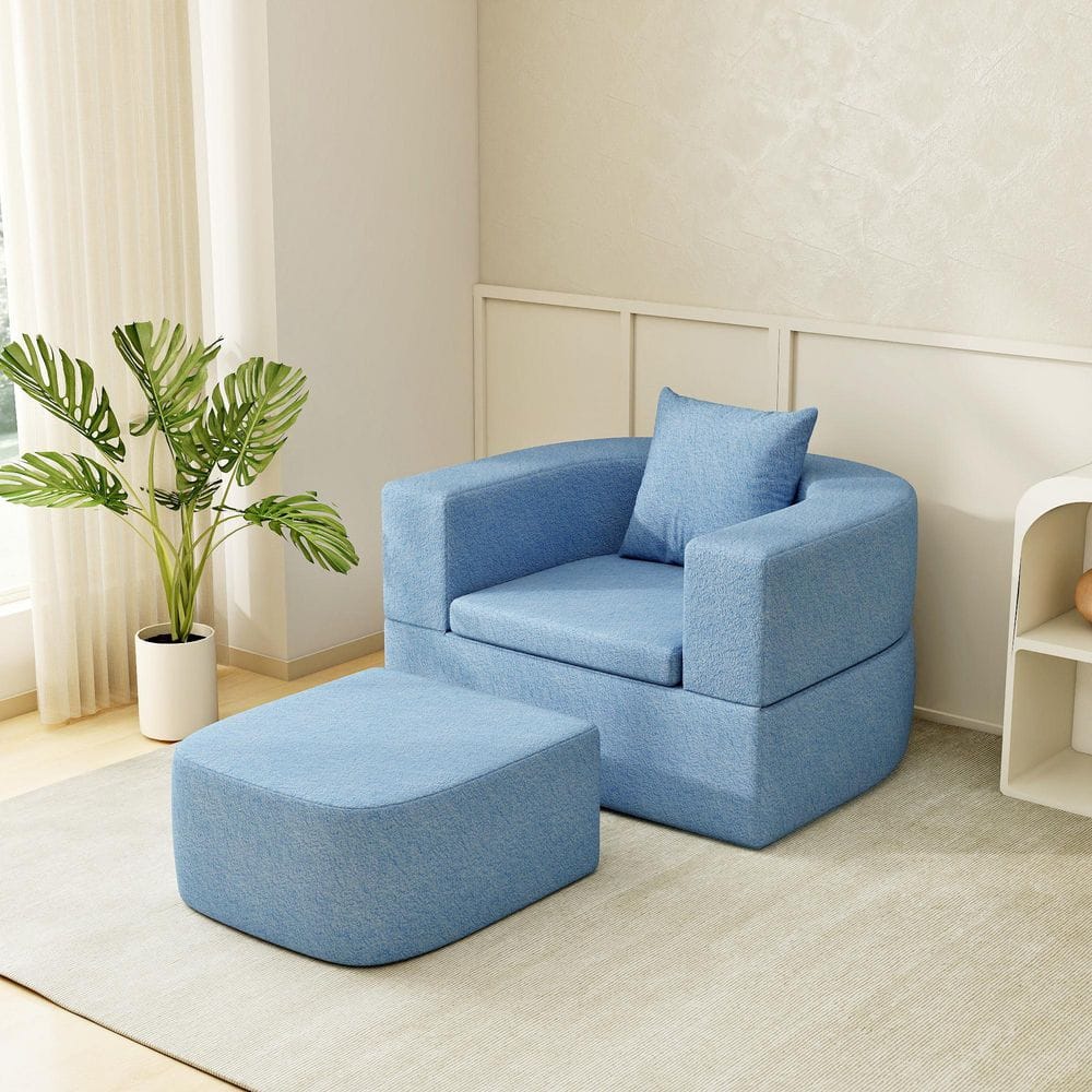 40 in. Convertible Sofa Square Arm Teddy Velvet with Adjustable Backrest and Pillows for Living Room, Apartment in Blue