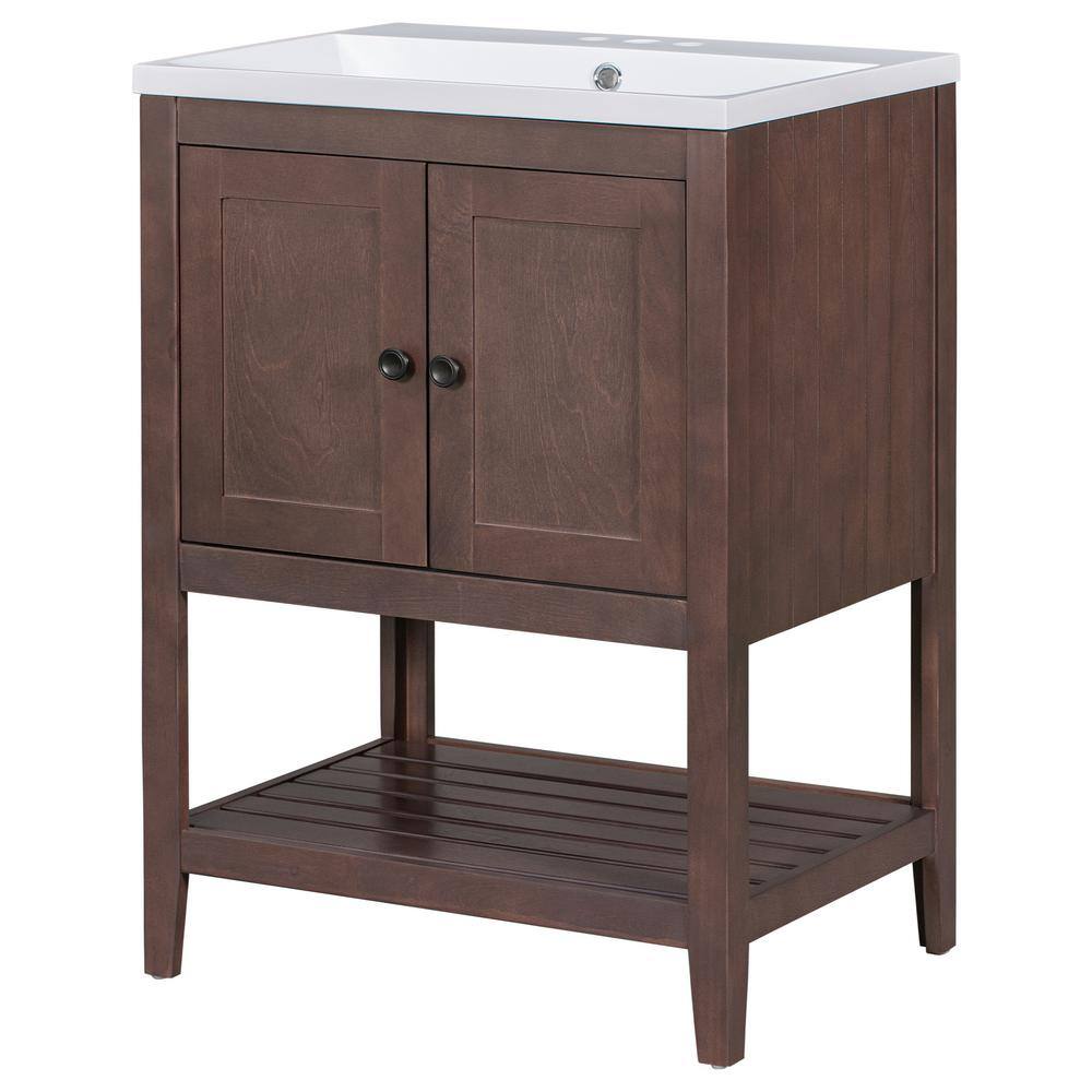 FAMYYT 24 in. W x 17.8 in. D x 33.6 in. H Single Sink Solid Wood Frame Freestanding Bath Vanity in Brown with White Ceramic Top -  XJ-1ABR-L