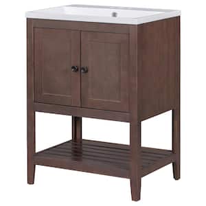 24 in. W x 17.8 in. D x 33.6 in. H Single Sink Solid Wood Frame Freestanding Bath Vanity in Brown with White Ceramic Top