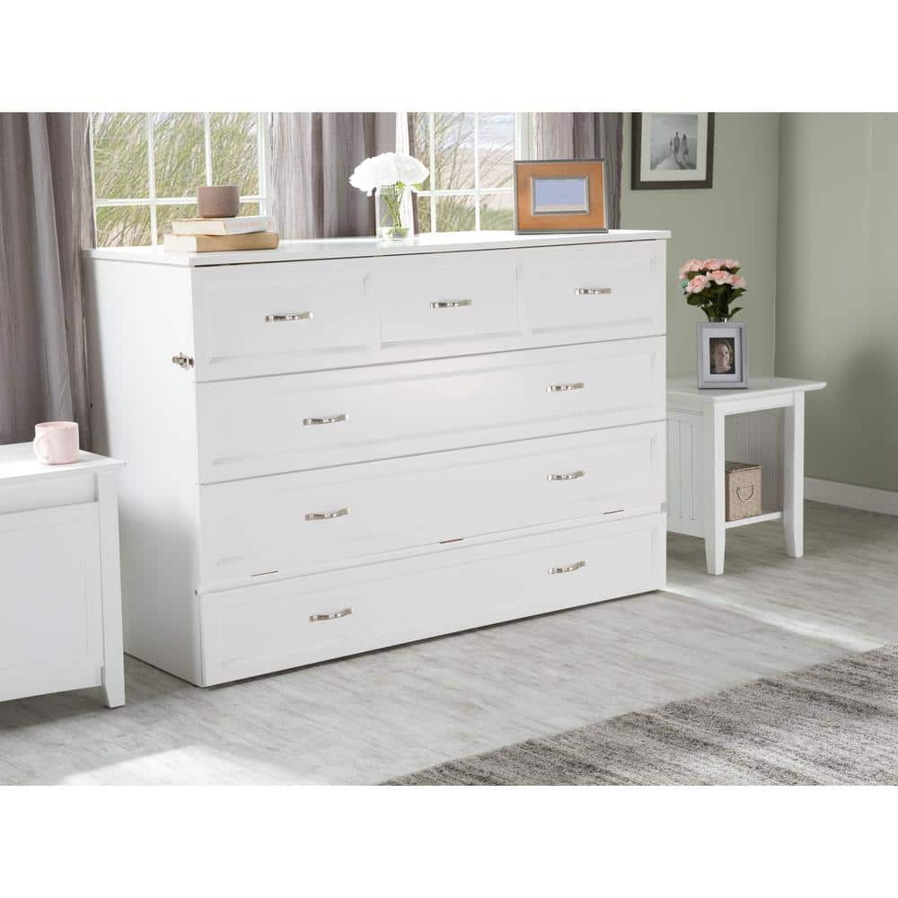 White Coastal Queen Murphy Bed Chest with Charging Station