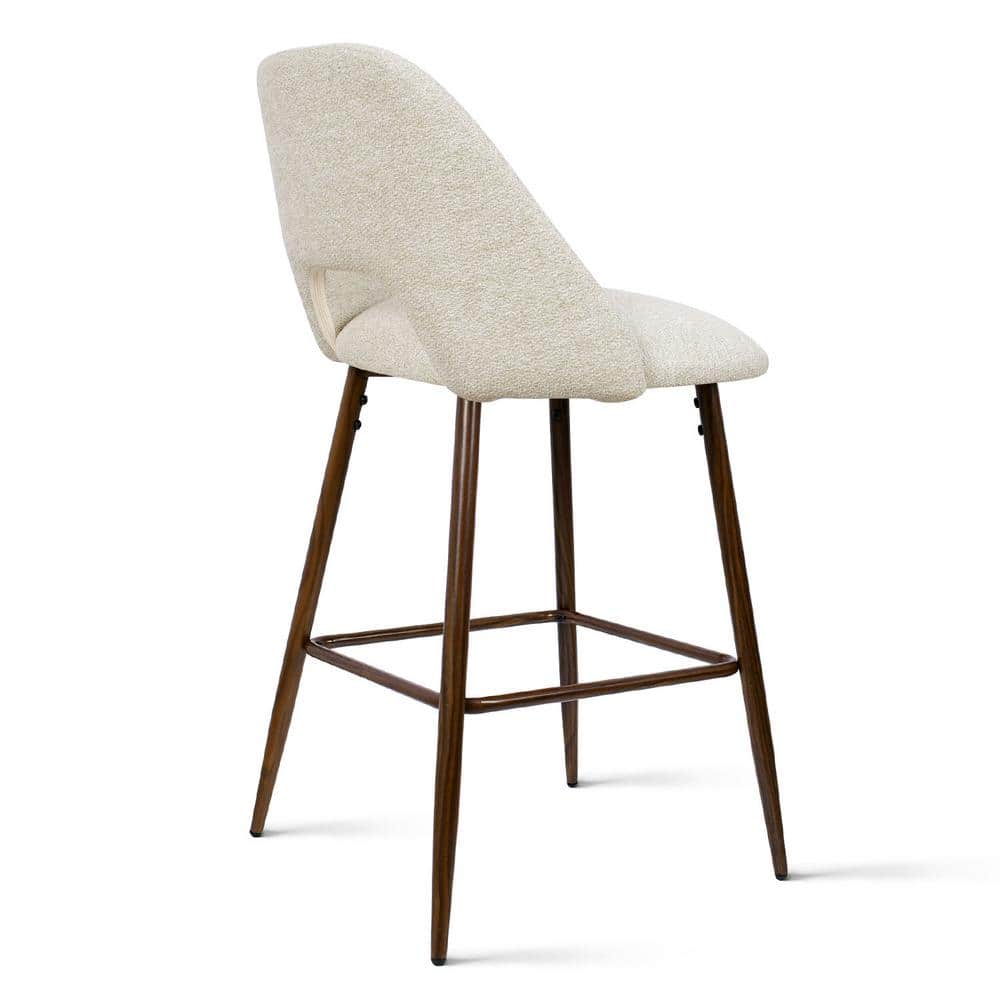 Beige Upholstered Counter Stools with Walnut Legs, Set of 2