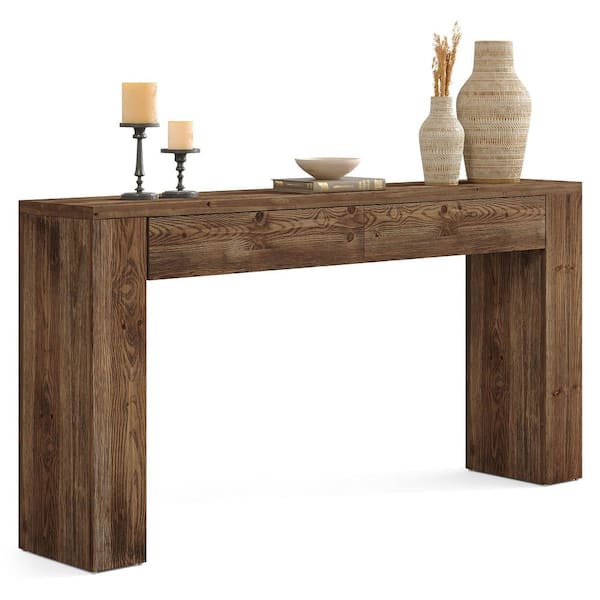 BYBLIGHT Turrella 63 in. Rustic Brown Rectangle Solid Wood Console ...