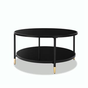 35.4 in. Black Round Tempered Glass Coffee Table with Bottom Storage Shelf and Metal Frame