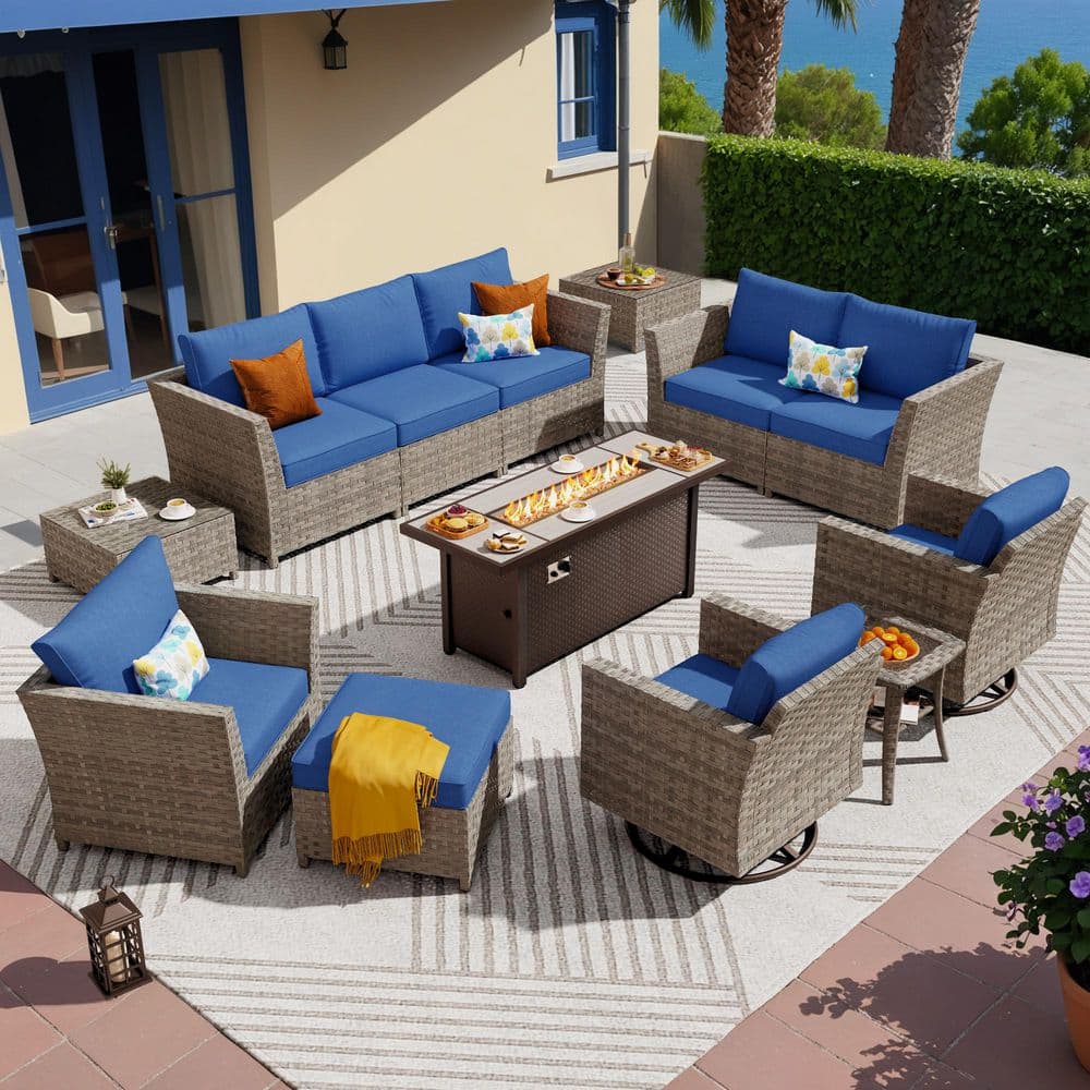 XIZZI Retro 13-Pieces Wicker Outdoor Patio Rectangular Fire Pit