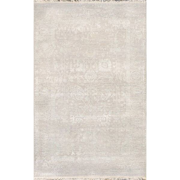 Pasargad Home Transitional Silver/Silver 4 ft.x 6 ft. Floral Bamboo Silk and Wool Area Rug