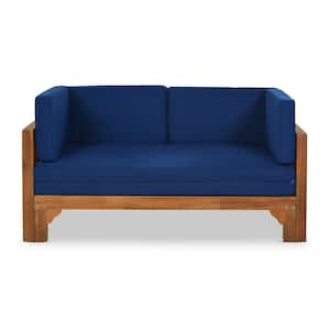 Valerie Brown Wood Outdoor Extendable Couch with Blue Cushions