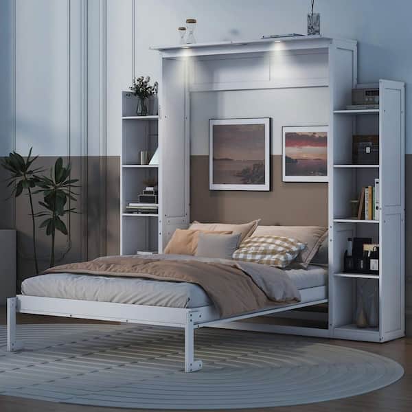 White Wood Frame Full Size Murphy Bed with Shelves and LED Lights