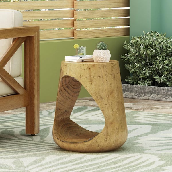 Natural Round Hollow MGO Concrete Outdoor Side Table with Wood-like Texture
