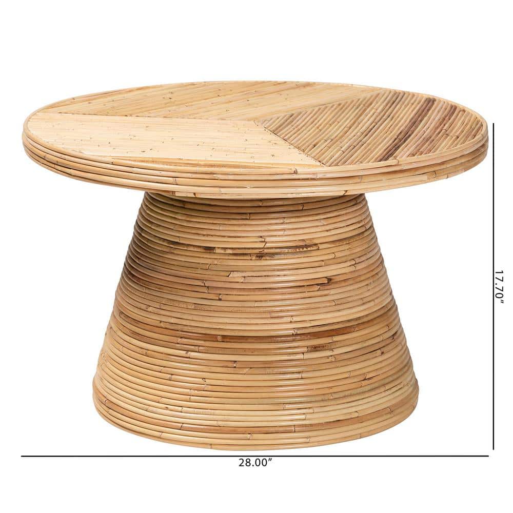 Bella 28 in. Natural Round Rattan and Mahogany Wood Coffee Table