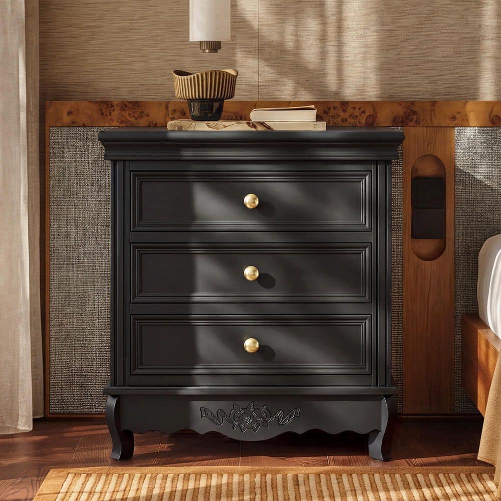 Black 3 Drawer 23.6 in. W Nightstand with Solid Wood Legs, Gold Knobs, Accent Panel Design For Bedroom Storage
