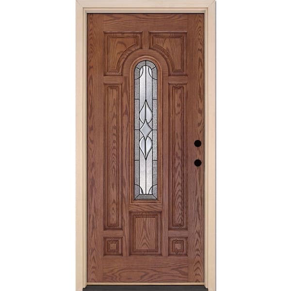 Feather River Doors 37.5 in. x 81.625 in. Stellar Patina Center Arch Stained Medium Oak Wood Left-Hand Inswing Fiberglass Prehung Front Door