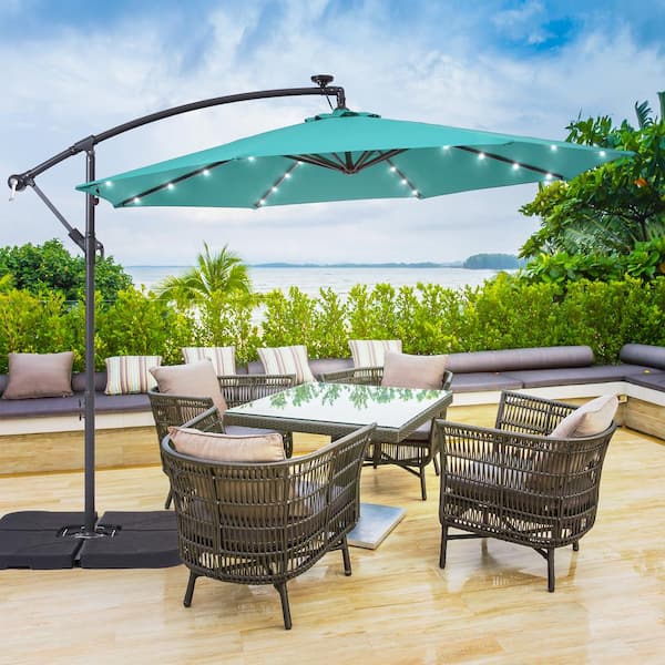 JOYESERY 10 ft. Patio Offset Solar LED Umbrellas 50 Plus UV Protection Cantilever Outside Umbrellas, Turquoise