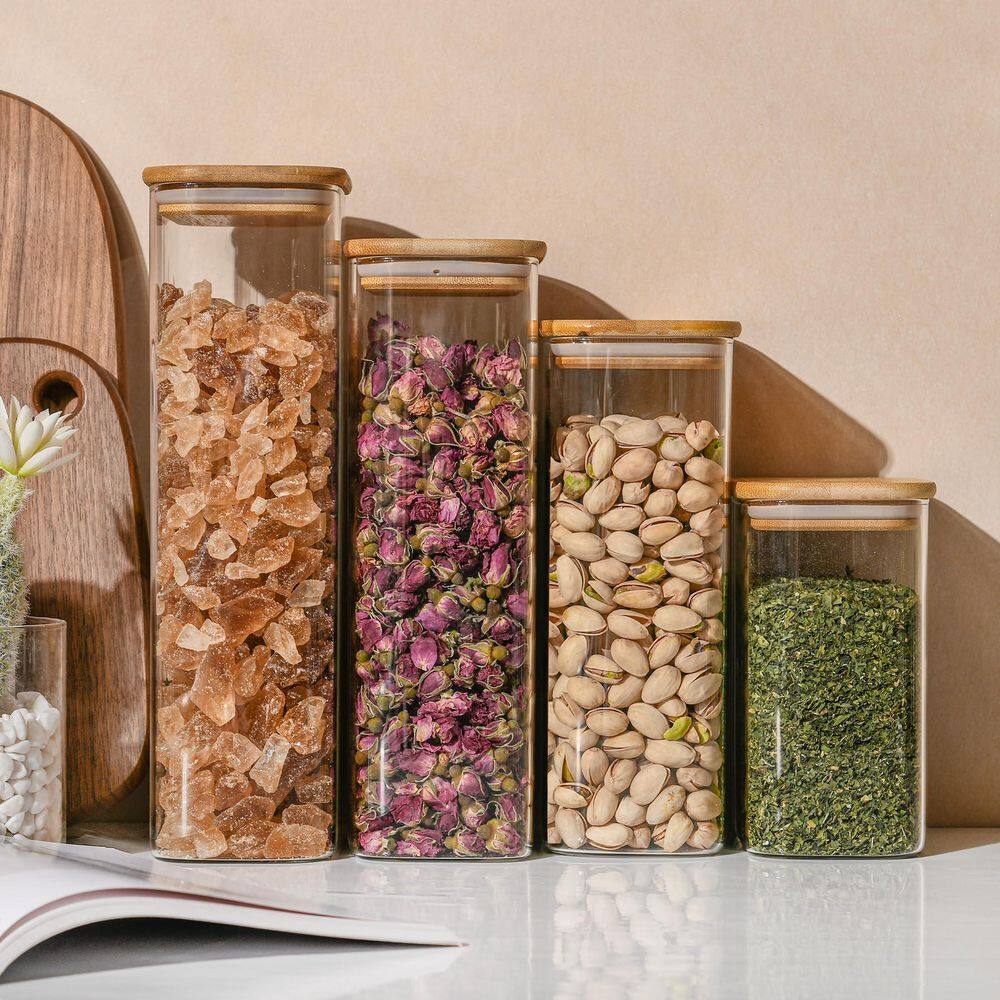 3-Piece Glass Rectangle Airtight Food Storage Jar Set with Bamboo Lids Black Label for Pantry Oats Cereal Pasta price history on PriceWatchPro