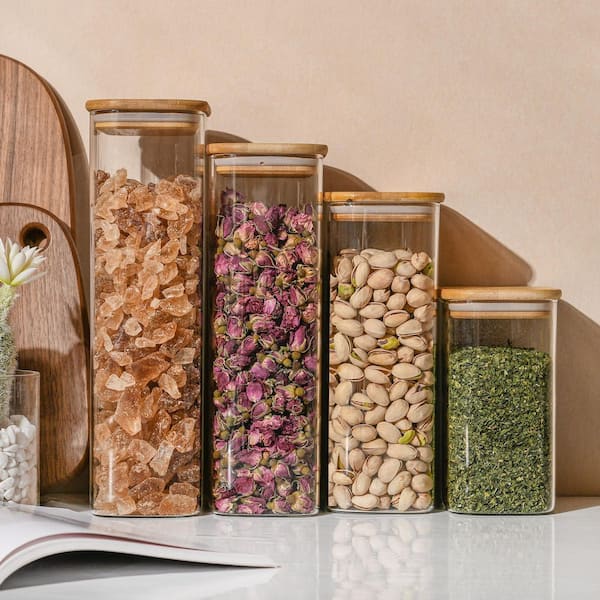 3-Piece Glass Rectangle Airtight Food Storage Jar Set with Bamboo Lids Black Label for Pantry Oats Cereal Pasta